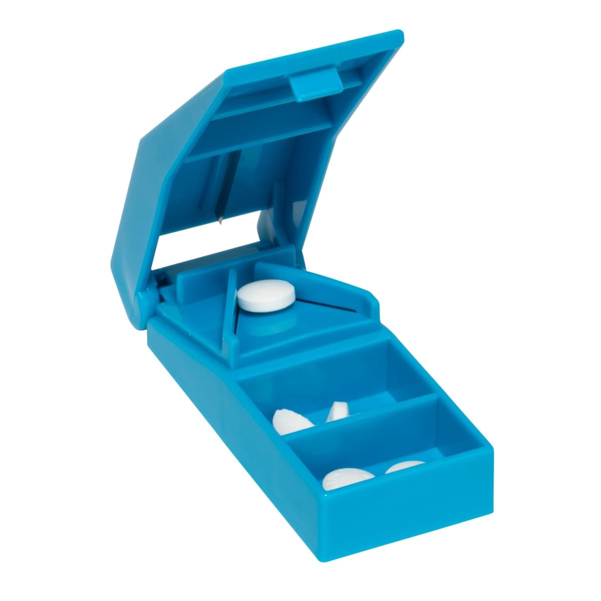 Acu-Life Pill Splitter with Storage, Stainless Steel Blade, Sturdy, Easy to Use, Accurate, Safely Cuts in Half Small, Tiny and Large Pills, Tablets, Vitamins, for Seniors, Pets, Blue, BPA Free