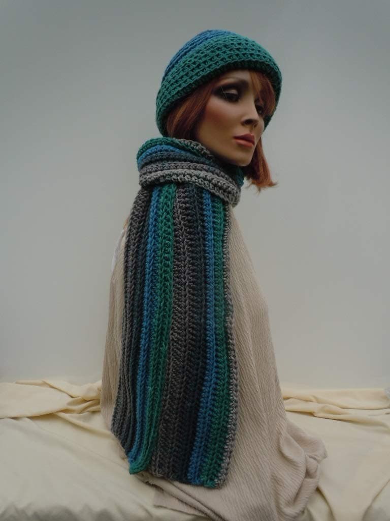 Hat Scarf Set, Gray Blue Green Scarf, Multi Color Hat Scarf Crochet Hat Scarf, Cold Weather Hat Scarf, Winter Hat and Scarf, Beanie Scarf Set
