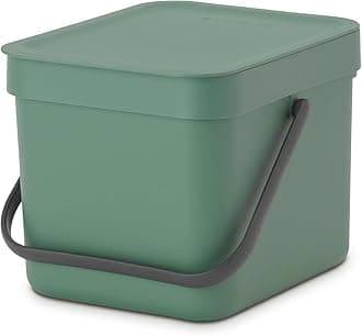 Brabantia Sort & Go Food Waste Bin 6L (Fir Green), Space-Efficient Plastic Recycle Bin with Handle, Removable and Stay-Open Lid, Easy to Clean Kitchen Compost Caddy without Nooks and Rims