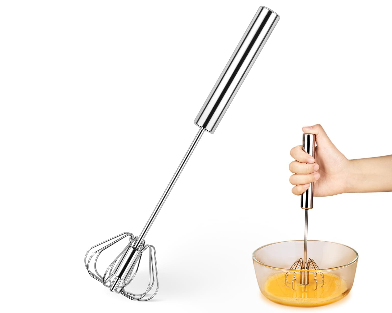 DS. DISTINCTIVE STYLE Semi Automatic Whisk 304 Stainless Steel Hand Push Spinning Whisk 12 Inch Egg Beater for Blending Eggs, Frothing Milk, Whipping Cream, etc.