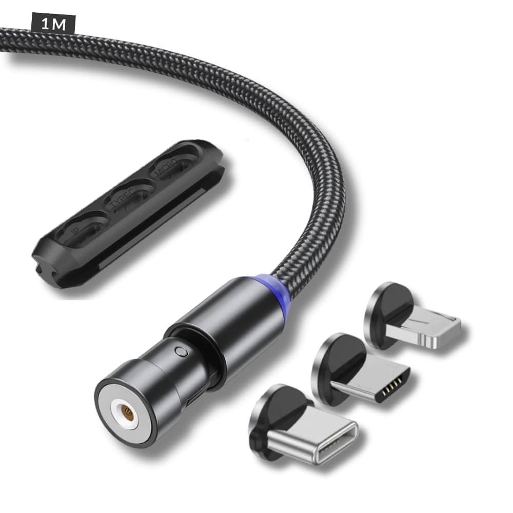 Magnetic Charging Cable 3 in 1 Magnet USB Cable 360 ° + 180 ° Rotating Charging Cable 2.4A 1M/2M Nylon Braided Magnetic Compatible with Micro USB,Type C/USB C, (1M-Black)