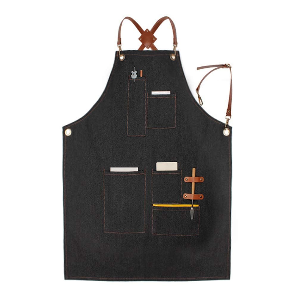 LANDY Adjustable Denim Bib Apron, Work Smock Jean Apron for Men & Women with Pocket & Cross-Back Straps for Salon Barber Hairdressers BBQ Grill Housewife (Black A Type)