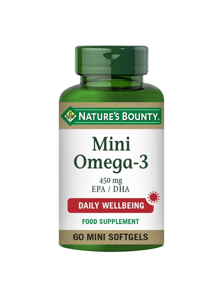 Nature'S Bounty Mini Omega-3 450 Mg Epa/Dha Mini Softgels - Pack Of 60 Mini Softgels, Two-A-Day - Omega-3 Essential Fatty Acids - Purified Omegas From Fish Oil - Lemon Flavour And Easy To Swallow