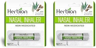 Herbion Naturals Nasal Inhaler Non-Medicated, 0.05 Fl Oz (1.5ml) - Relieves Nasal Congestion & Blockage, Sinusitis & Allergic Conditions - Menthol, Clove Oil, Eucalyptus Oil & Camphor. (Pack of 2)
