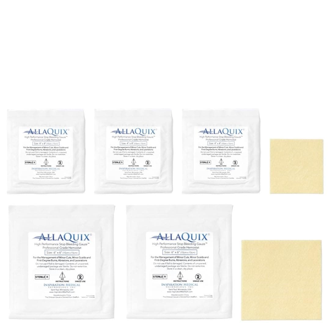Combo Pack - AllaQuix Stop Bleeding Gauze (Pack of 5: 3 XL and 2 XXL Sizes) Professional-Grade First-Aid Hemostatic Gauze (Blood Clotting Bandage)