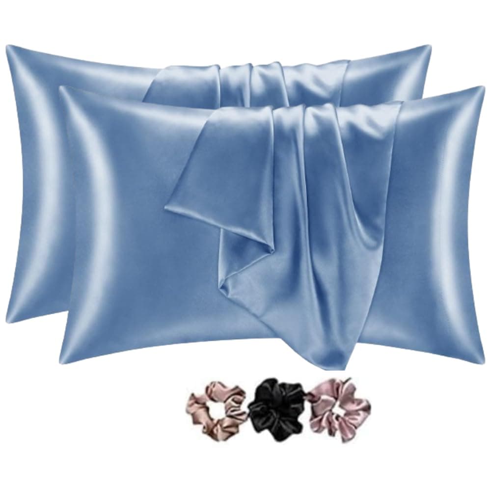 GO WELL Solid Satin Silk Pillow Covers Pack of 2 for Hair and Skin-with Satin Scrunchies for Women Stylish|Satin Pillow Cover for Hair|scrunchies for Women 3-Piece|Silk Pillow case (Airy Blue) 600TC