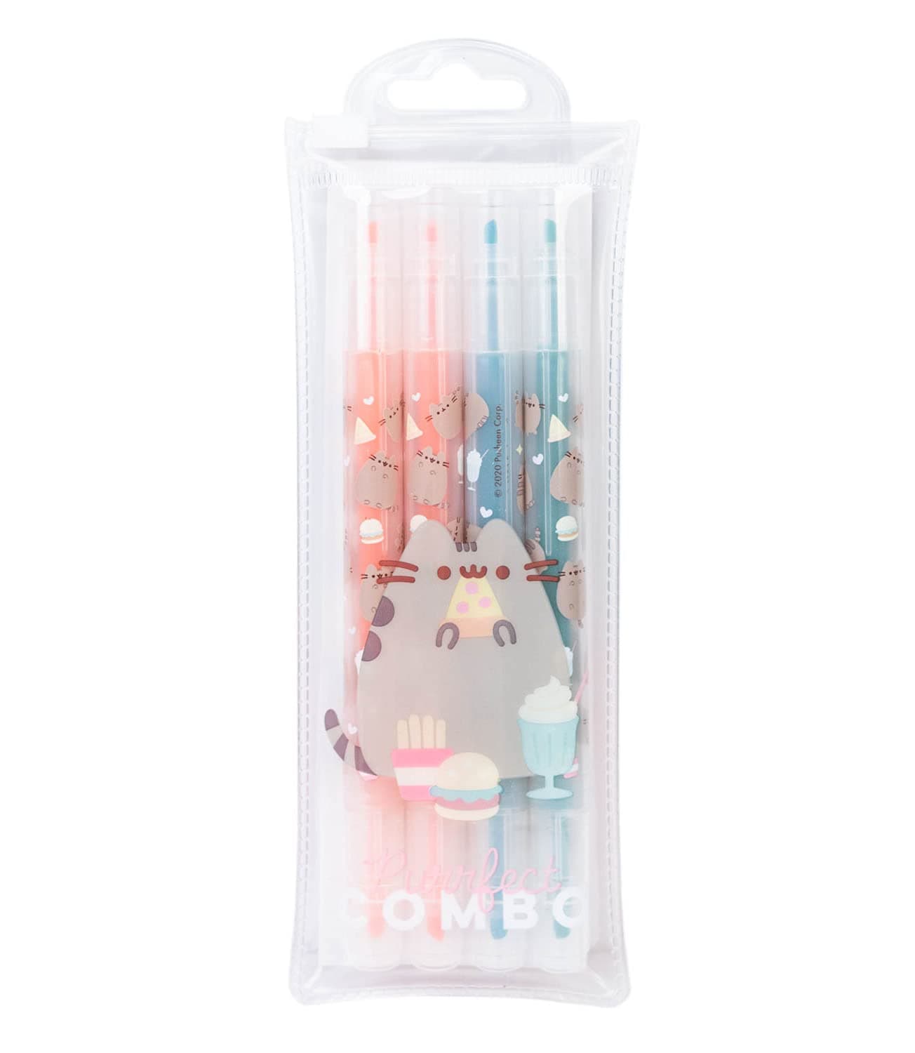 Grupo Erik Official Pusheen Pen Set | Pack of 4 Assorted Colours | Double-Ended | Foodie Collection | Pusheen Highlighter Set | Pusheen Gift - Kawaii Stationery