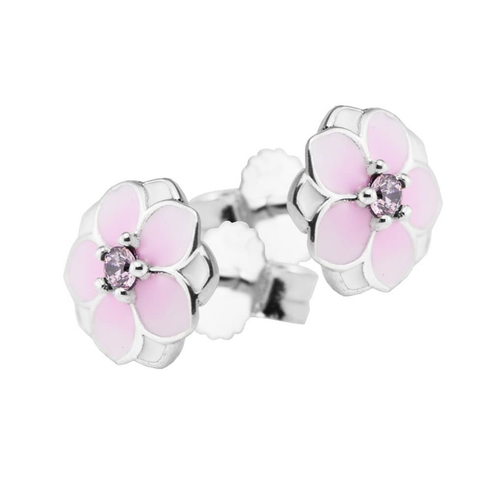 COOLTASTE Spring Collection Pink Magnolia Bloom Stud Earrings 925 Sterling Silver DIY Fits for Original Pandora Fashion Jewelry Women
