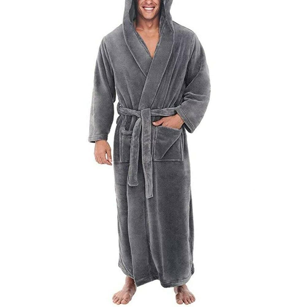 Men'S Soft Fleece Solid Color Pocket Long Bathrobe, L