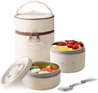 ArderLive Portable Insulated Lunch Container, Portable Insulated Food Container for Adults Thermal Lunch Bento Box Stainless Steel Microwave Safe, Beige 2Pcs 34oz/4.25 Cup