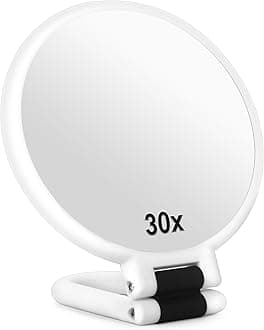 30x Magnifying Mirror, Travel Hand Mirrors with Handle - Double Side Handheld Mirror with 1X 30X Magnification & Adjustable Handle, Hand Held Foldable Travel Mirror for Makeup(Pearl White)