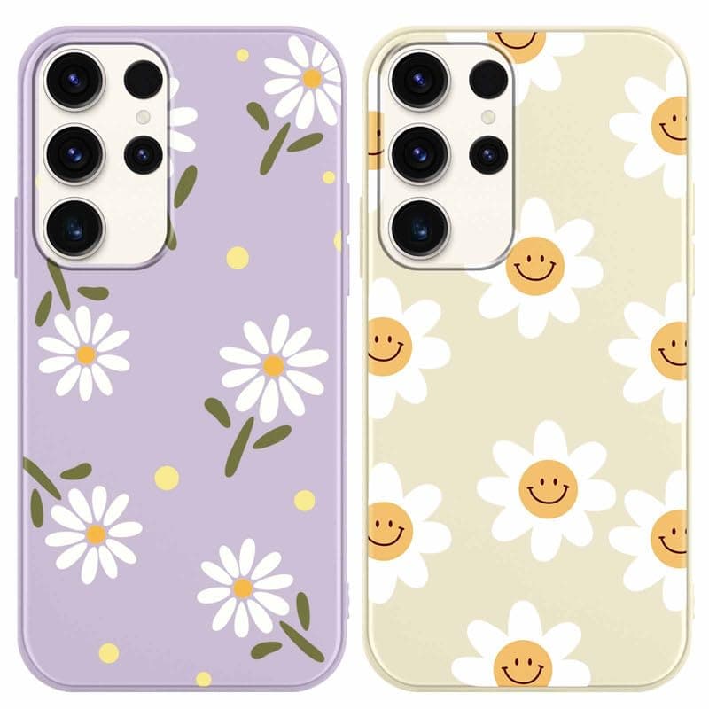 RUMDEY 2 Pack Cute Daisy Flowers for Samsung Galaxy S24 Ultra 5G 6.8" Phone Case,Smile Pattern Aesthetic Design Soft Silicone Slim TPU Shockproof Protective Fundas for Teen Girls Women (Purple&Beige)