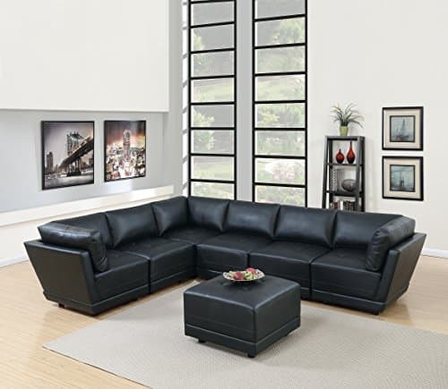 Esofastore Modern Black Bonded Leather Sectional Sofa Tufted Comfort Couch Modular Sectionals 7pc Set. 3 Corner Sofa, 3 Armless Chairs & an Ottoman