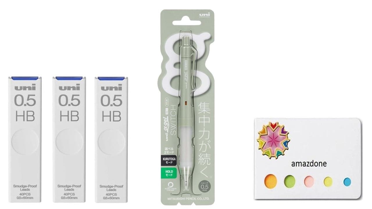uni Alpha Gel switch 0.5mm Mechanical Pencil, opal green Body (M51009GG1P.52) +uni Mechanical Pencil Lead,The Uni Smudge-Proof Leads 0.5mm HB 3 Set Sticky Notes