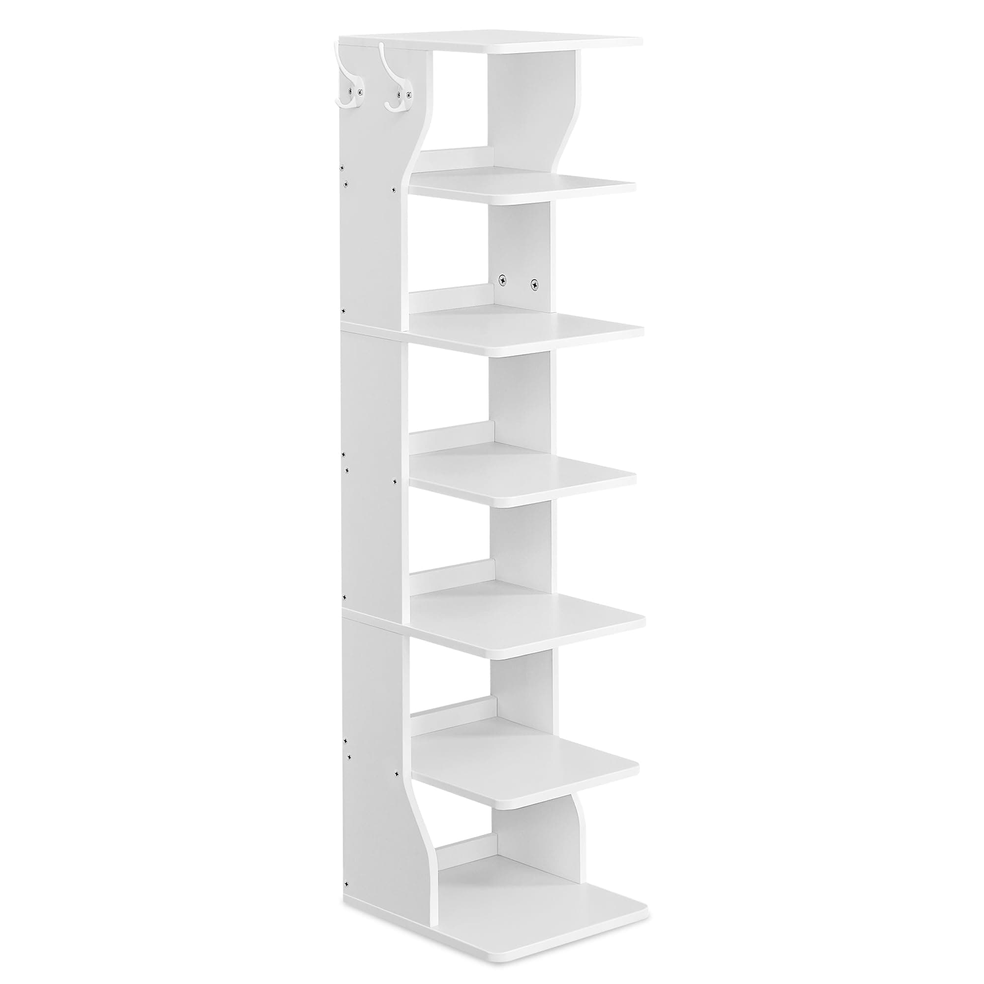 VASAGLE 7-Tier Vertical Shoe Rack, Narrow Shoe Storage Organizer with Hooks, Slim Corner Tower Shelf, Space-Saving for Entryway and Bedroom, White ULBS200T14