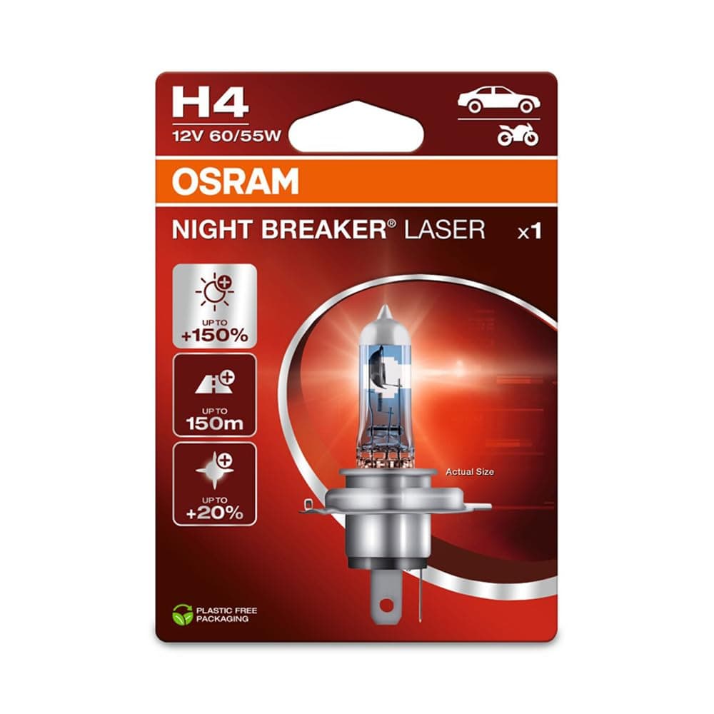 OSRAM NIGHT BREAKER LASER H4, +150% more brightness, halogen headlight lamp, 64193NL-1BL, 12V, blister (1 lamp)