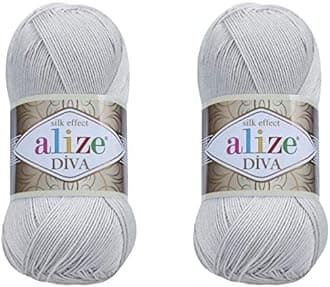 Alize Diva Yarn 100% Microfiber Acrylic Yarn, 2 Skeins of 200gr, 767 Yds, Light Grey
