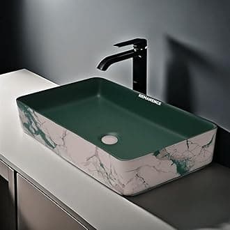REMANENCE Designer Table Top Wash Basin For Bathroom | Ceramic Bathroom Sink | Wash Basin Over Counter Bathroom Basin (24 x 14 x 4 Inch) (Designer Green N White SL 57)