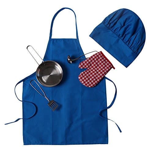Kids Red Chef Cooking Gift - Apron, Hat & 9 Piece Miniature Stainless Steel Pan Set