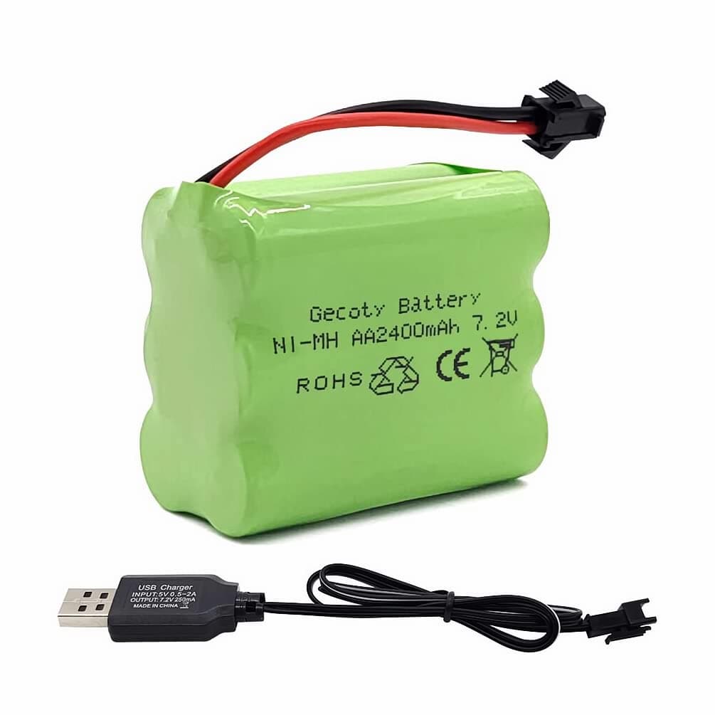 7.2V Ni-MH Battery Pack, 2400mAh Rechargeable AA Battery with SM 2P Connector and USB Charge Cable for RC Truck RC Tank RC Boat RC Robot