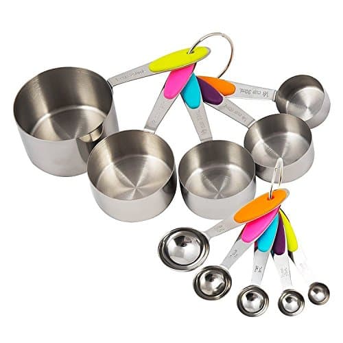 Stainless Steel Measuring Cups and Spoons 10pcs Set with 2 Easy Removable Rings and colorful silicone handles for Accurate Liquid and Dry Measuring- Stackable, Dishwasher Safe