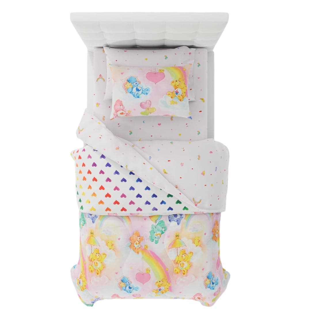 Care Bears Classic Retro Rainbow Bedding 5 Piece Super Soft Comforter and Sheet Set with Sham, Twin, (100% Official Licensed Product) by Franco Collectibles