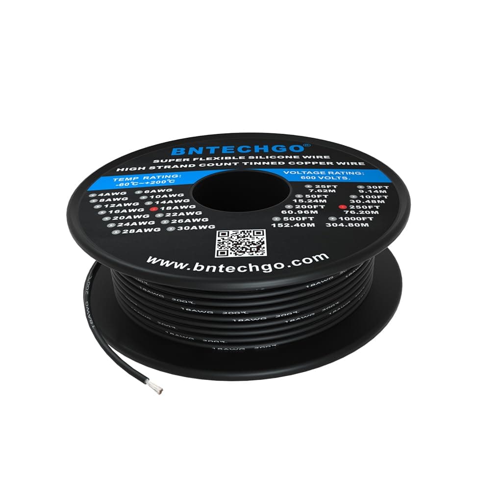 BNTECHGO 18 Gauge Silicone wire spool 250 ft Black Flexible 18 AWG Stranded Tinned Copper Wire