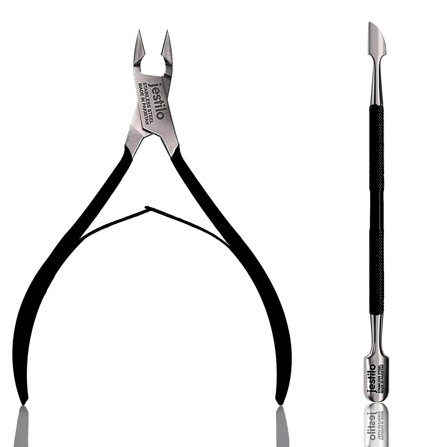 Jestilo Cuticle Remover Tool Set with Cuticle Cutter and Cuticle Pusher - Stainless Steel Professional Cuticle Nipper and Pusher Nail Care Tools for Salon and Level Mani-Pedi at Home (Black)