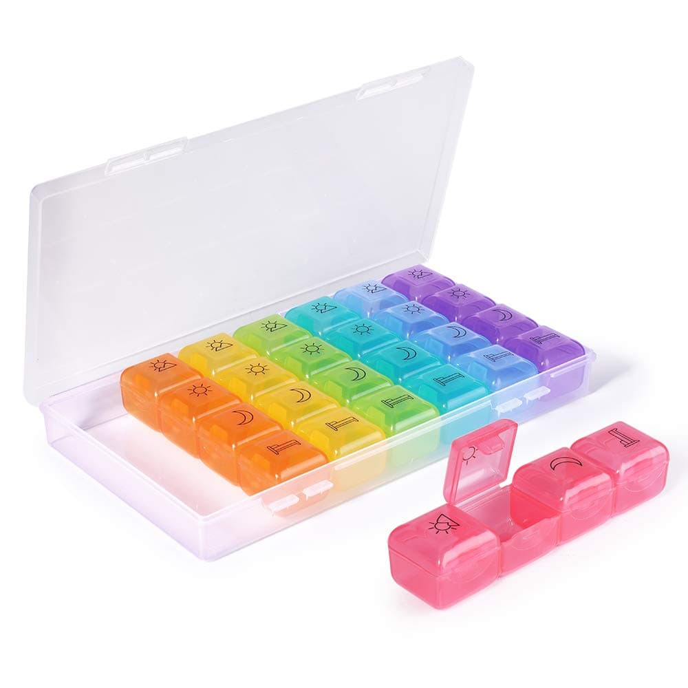 Pill Box Organiser 7 Day, Opret Pill Dispenser Weekly 4 Times a Day 28 Compartments for Travel, Vitamin Fish Oil Container Planner BPA Free (Rainbow-Coloured)