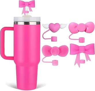 Rose Pink Bow Straw Covers Cap Toppers Compatible with Stanley 30&40 oz Tumbler Cups, Cute 10mm Reusable Silicone Straw Topper for Stanley Tumbler with Handle, Stanley Cup Straws Accessories