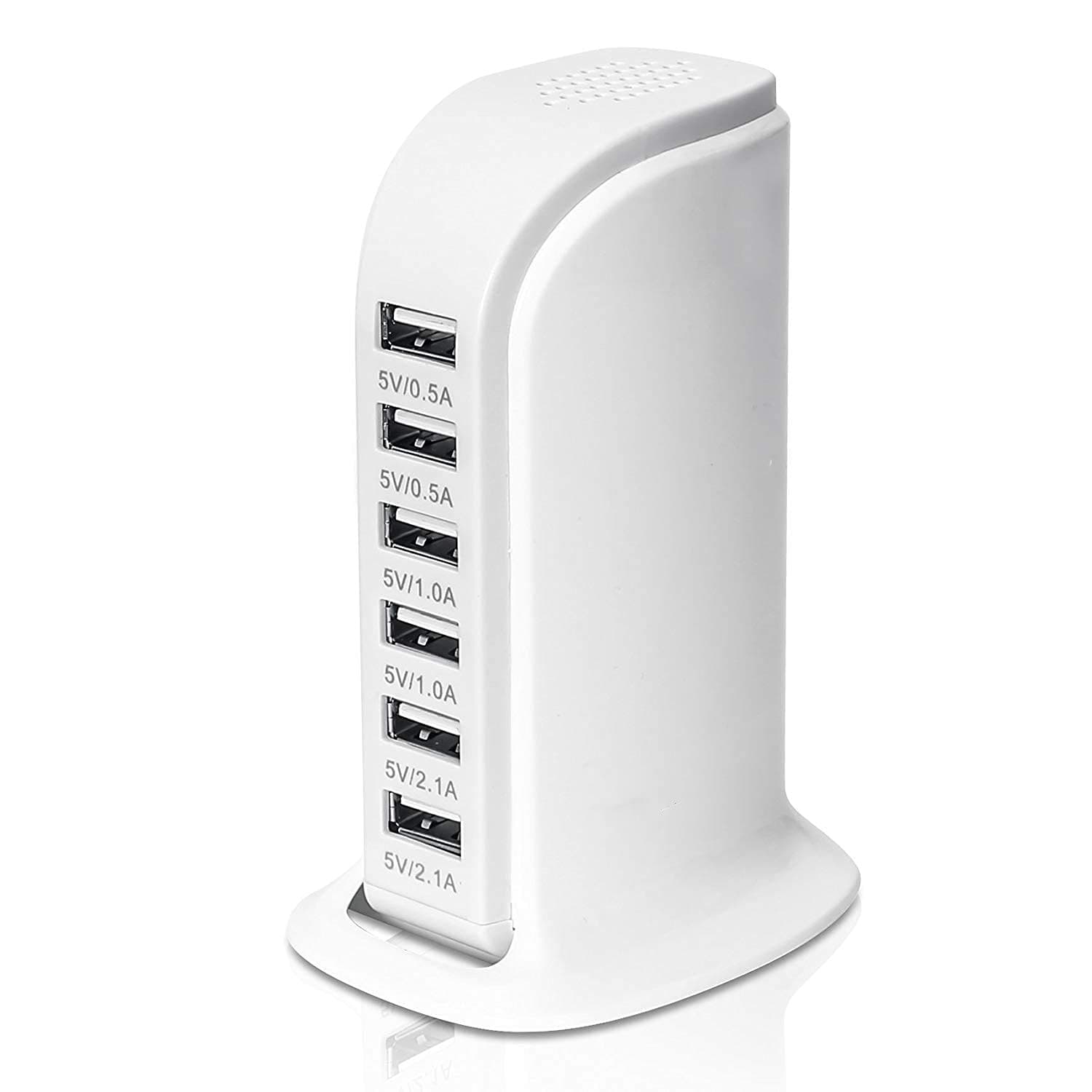 USB Tower Power Adapter 6-Port Smart IC Tech Charging Station with Quick Charge 2.1 for Phone, Tablets, and More (White)