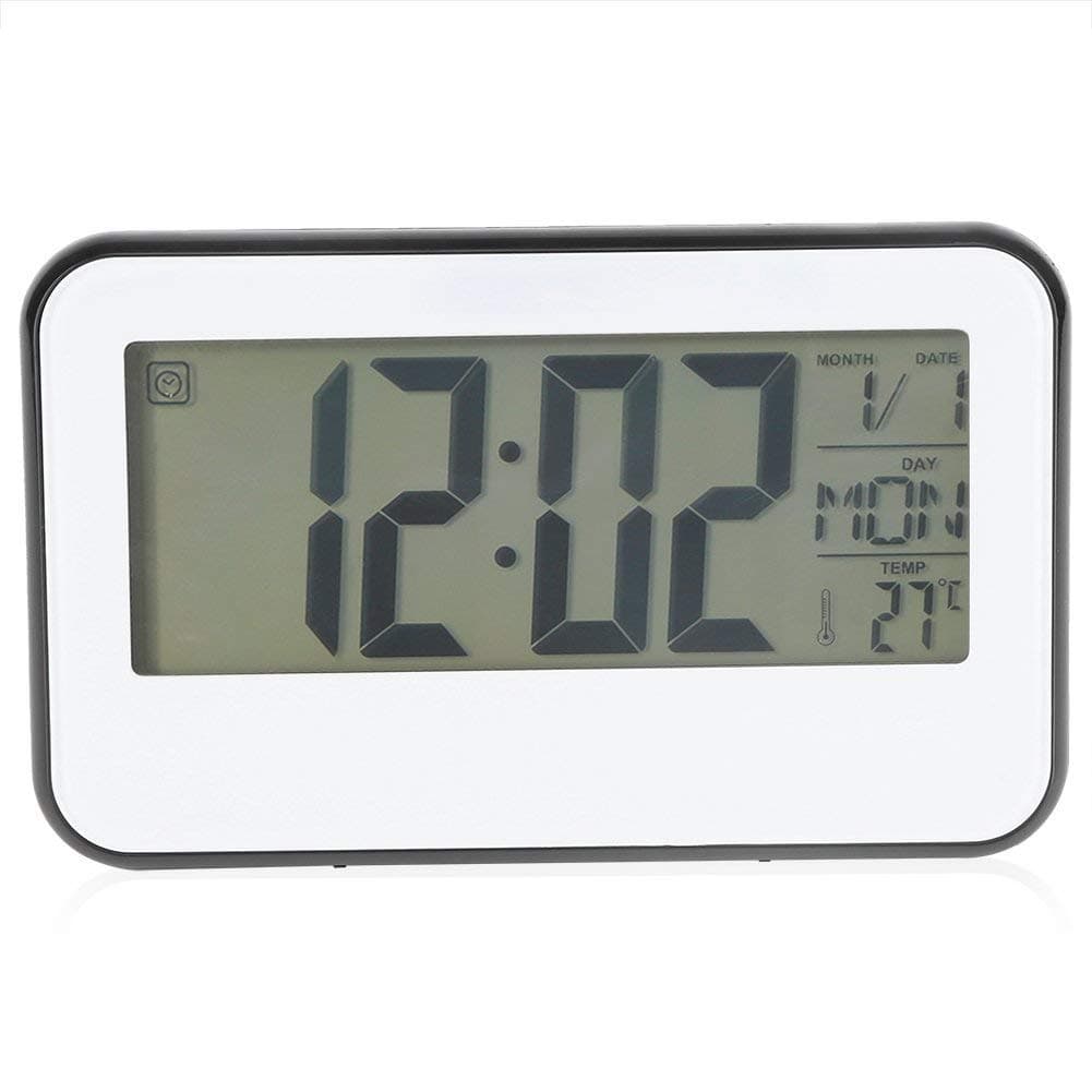 Digital Sound Control Alarm Clock LCD Display Alarm Clock Thermometer Shelf Clock with Snooze Backlight Multifunctional Alarm Clock(White)