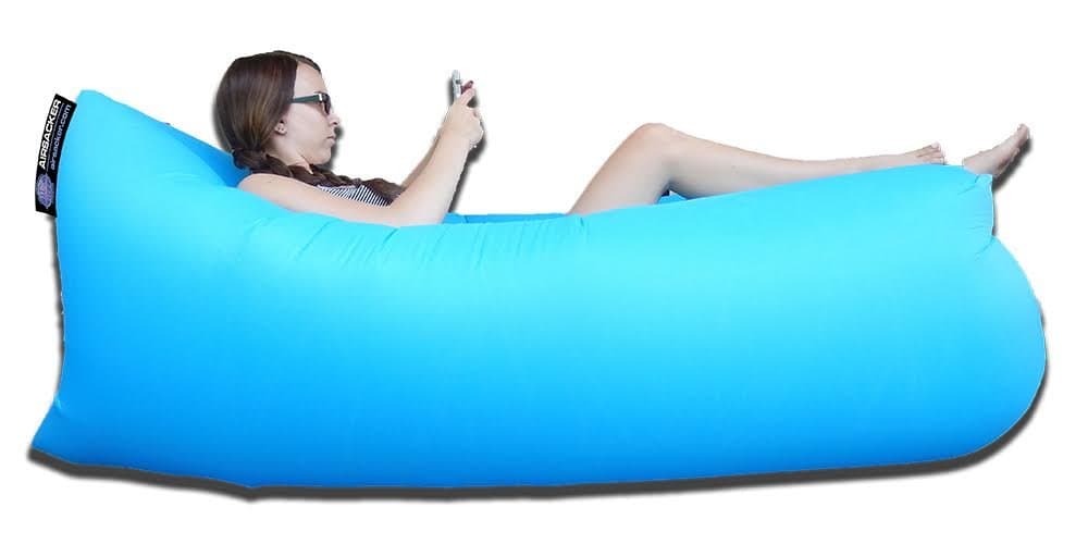 IceFox HPF Air Sacker, Indoor Outdoor Inflatable Floating Lounger Sofa Chair with Colorful Patterns, Carrying Case and Ground Stake (Sky Blue)