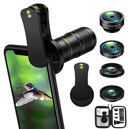 Phone Camera Lens, 5 in 1 Cell Phone Camera Lens Kit, 12X Telephoto Lens + 198° Fisheye Lens + 0.6X Wide Angle Lens + 15X Macro Lenses + CPL Compatible for iPhone X 8 7 6 6s Plus Samsung & Android