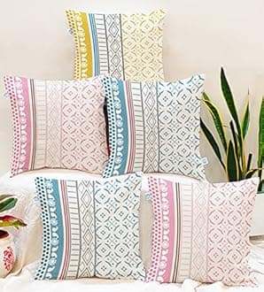 STITCHNEST Ethnic Printed Cotton Canvas Cushion Covers, Set of 5 (24 x 24 Inches)