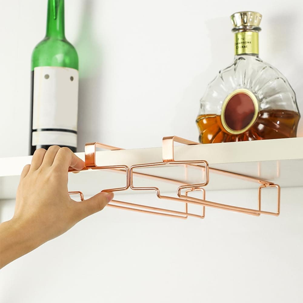 LINFIDITE 2 Pack Under Cabinet Wine Glass Rack Rose Gold Wine Glass Holder Stemware Rack Hanger Kitchen Hanging Storage Rack Organizer (For Partition Thickness under 0.98")