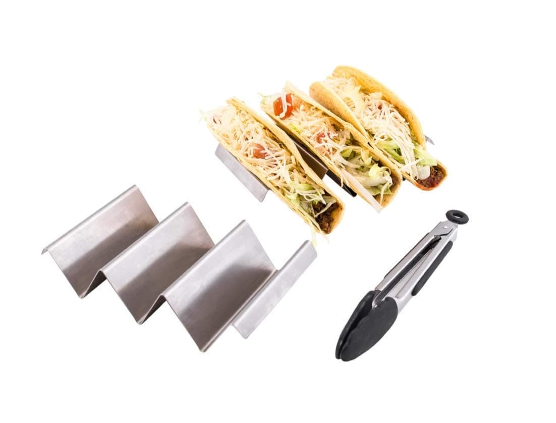 Taco Holder Stand Stainless Steel - 2 Pack Taco Shell Holder w/BBQ Tong - Oven Grill Dishwasher Safe Packed In Stylish Matt Box