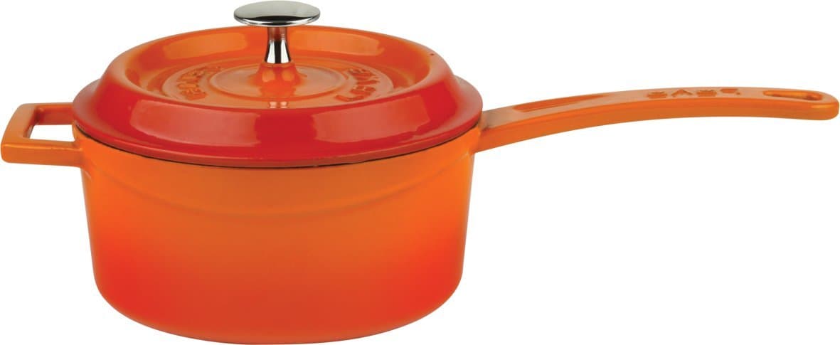 LAVASignature Enameled Cast-Iron 1 Quart Sauce Pan with Iron Handle, Orange Spice