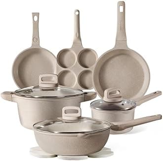 CAROTE 13pcs Kitchen Pots and Pans Set non stick, Nonstick Cookware Set, Frying pans, Kitchen Essentials, Taupe