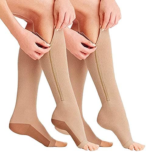Lingssss 2 Pair Zipper Compression Socks Medical Toeless Zip Easy on off 15-20 mmHg for Swollen Sore Legs (zip-cnsk-CN-S)