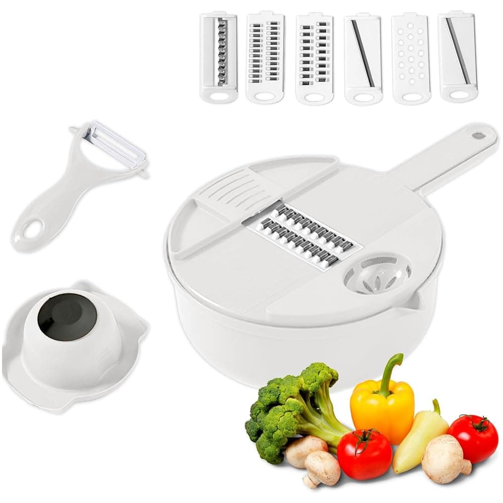 AMERTEER Mandoline Slicer with Container, 6-in-1 Vegetable Chopper & Cutter, Adjustable Multi Blade Veggie Slicer, Julienne Potato & Onion Slicer, Manual Food Chopper, Kitchen Gadget Food Prep Tool