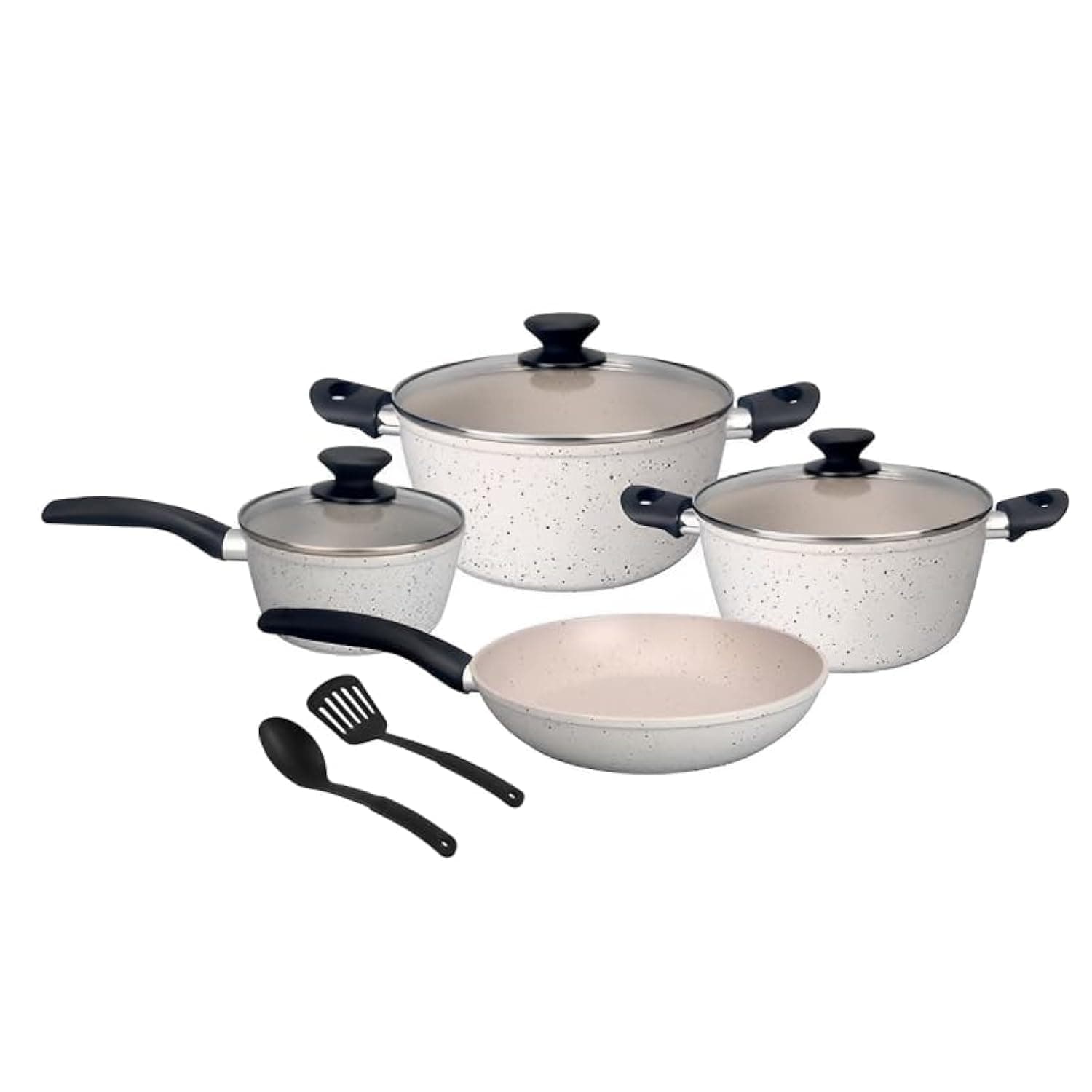 BLACKSTONE Non-Stick 9 Pcs Cookware Set BL090 - Fry Pan | Sauce Pan With Glass Lid | 2 Cooking Pot with Glass Lid | 2 Plastic Spoon Set