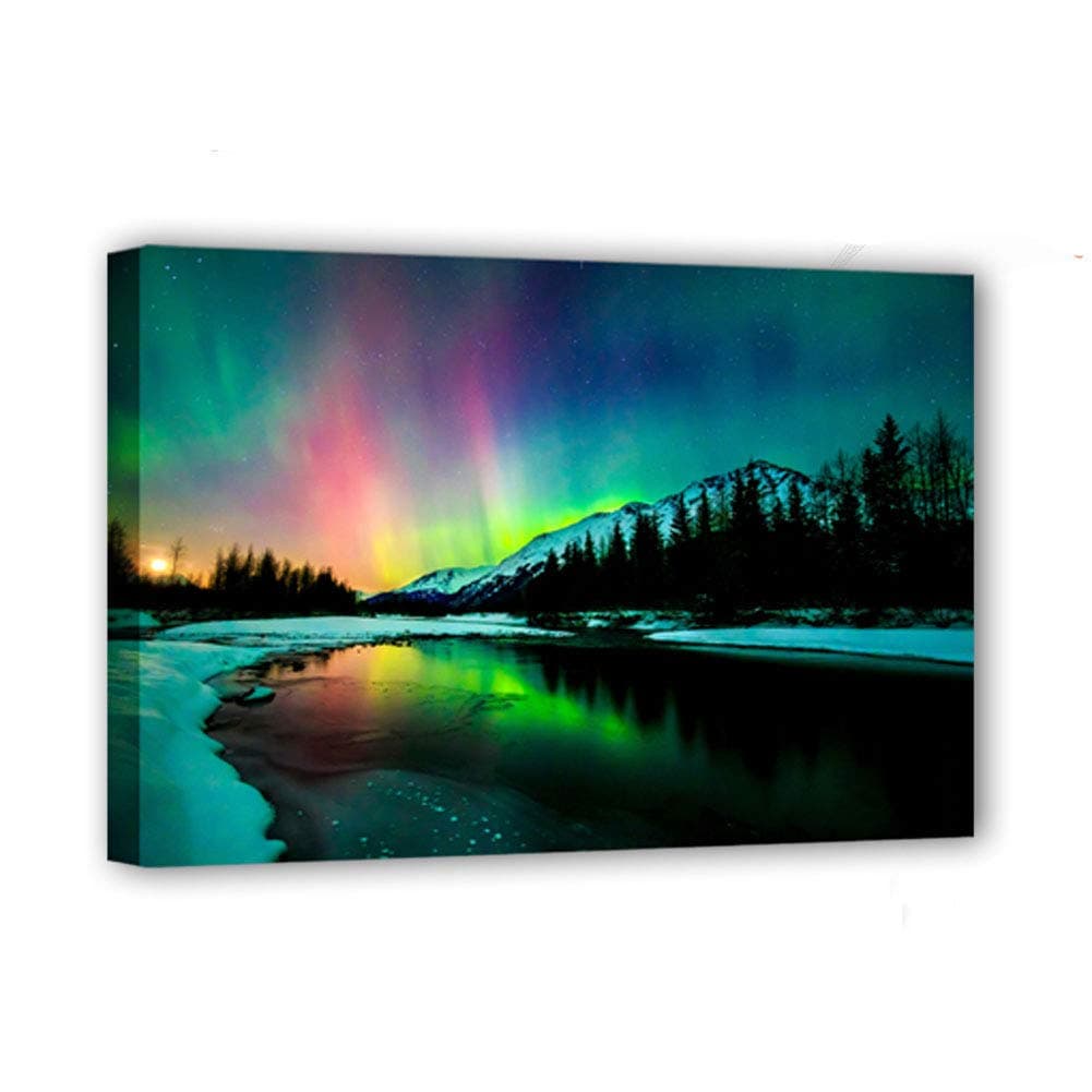 Led Canvas Painting Wall Art Aurora Artwork USB Power Buletooth Control Light up Wall Room Bedroom Office Wall Decoration Scenery Framed Picture Decor Panel 15.75"x11.8"x1.26"