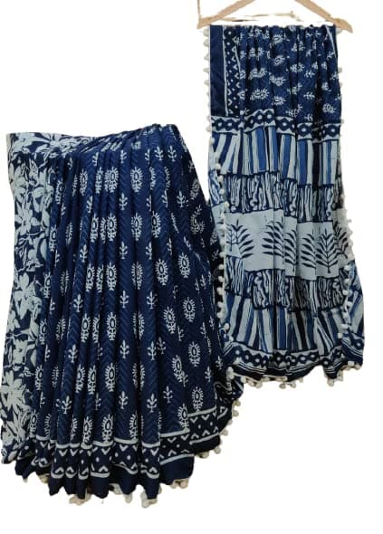 COTTON INDIA the Indigo White Black Rust Hand Block Printed Cotton Saree In Natural Colors with blouse