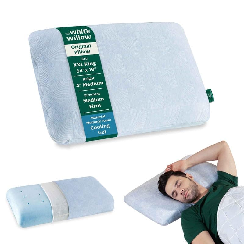The White Willow Memory Foam Pillow for Neck & Shoulder Pain Relief-Cool Gel-Cervical Pillow for Sleeping-Orthopedic Bed Pillow for Back, Side & Stomach Sleepers-Medium Firm-XXL King Size-4" H-Blue