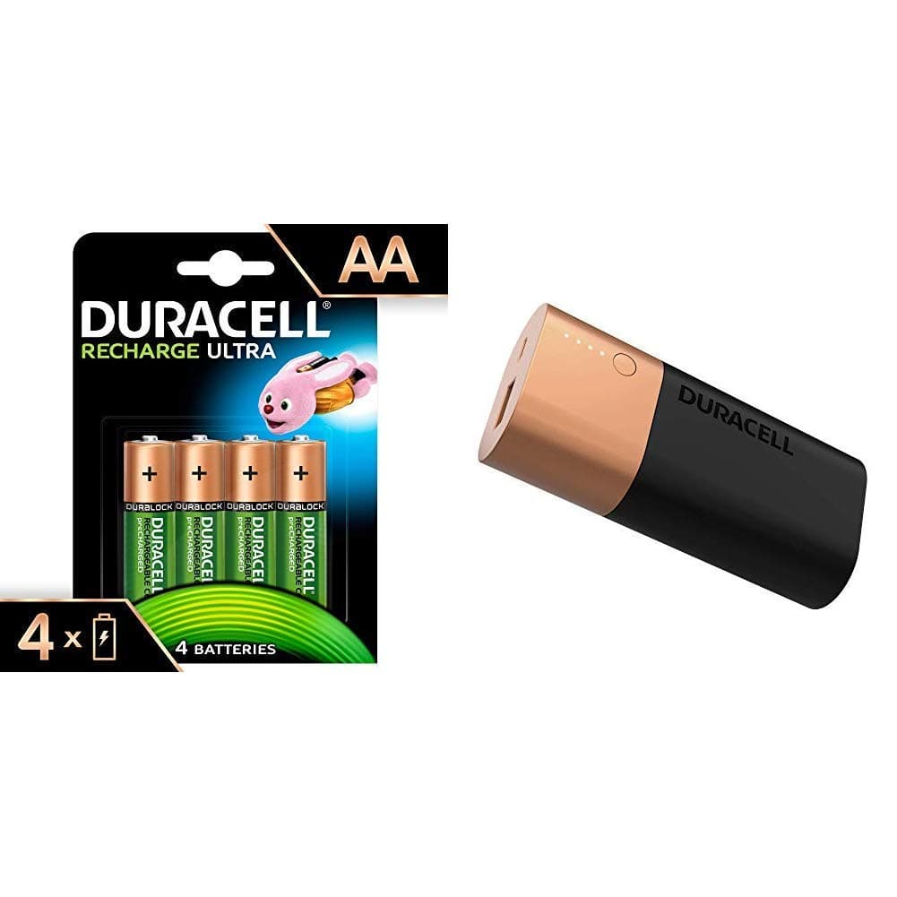Duracell Recharge Ultra Type AA Batteries 2500 mAh, pack of 4 with Duracell Power Bank 6700 mAh