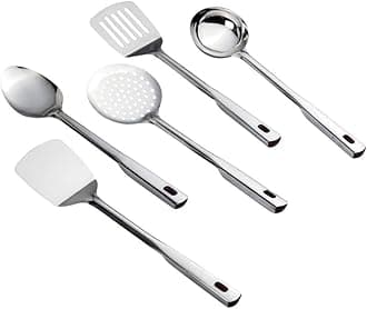 ParageParage Premium Stainless Steel Kitchen Tool Set for Cooking, Set of 5, Silver (Contains: 1 Ladle, 1 Skimmer,1 Turner, 1 Spatula, 1 Slotted Turner) (Design 2)