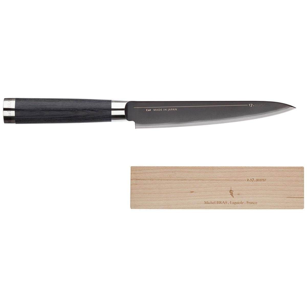 Michel BRAS No. 2 Utility Knife, 6” Handcrafted Kitchen Knife, 3 Layer Stainless Steel Blade, Black Pakkawood Handle, Precision and Sharpness for Professional and Home Chefs