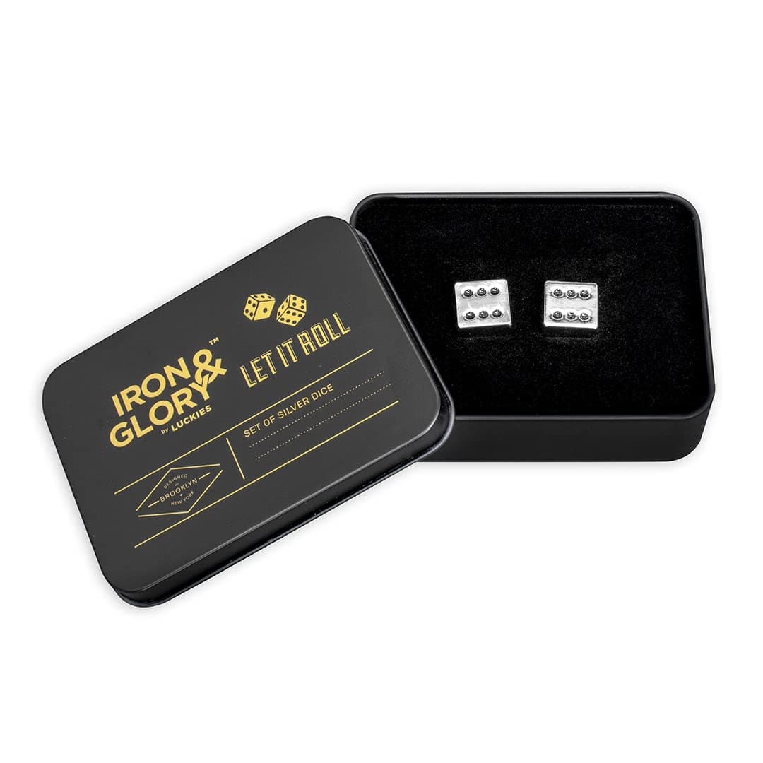 Iron And Glory Metal Dice Set - Gold Plated 6 Sided Game Dice with Black Numbers - Gift Dice with Aluminum Case