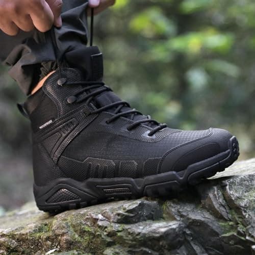 FREE SOLDIER Men's Waterproof Tactical Work Boots Lightweight Comfortable Combat Hiking Boots(BLACK 10)